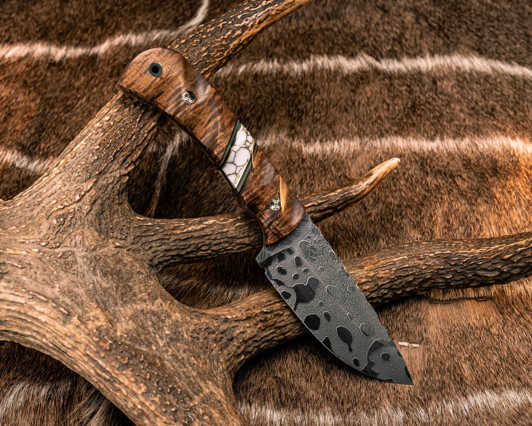 Cavner- Hawaiian Curly Koa, Black G10, OD Green G10 and Brass Pin Striping, White with Gold Web Tru-stone Split, Mosaic Pins, CF Lanyard Pin, Textured Grip