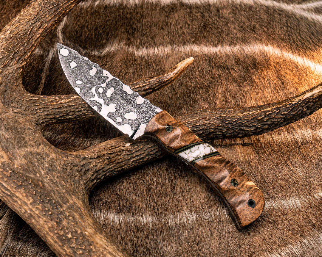 Cavner- Hawaiian Curly Koa, Black G10, OD Green G10 and Brass Pin Striping, White with Gold Web Tru-stone Split, Mosaic Pins, CF Lanyard Pin, Textured Grip