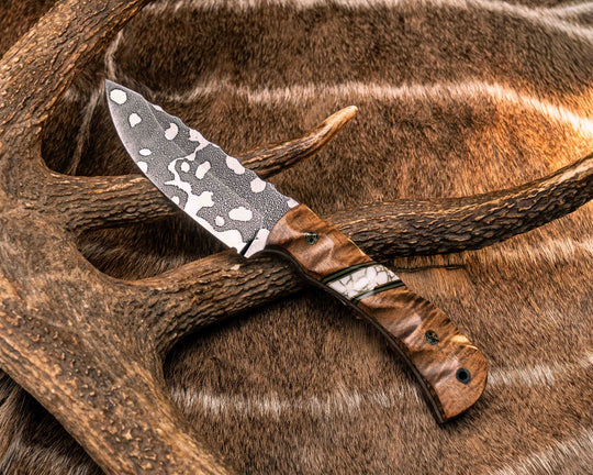 Cavner- Hawaiian Curly Koa, Black G10, OD Green G10 and Brass Pin Striping, White with Gold Web Tru-stone Split, Mosaic Pins, CF Lanyard Pin, Textured Grip