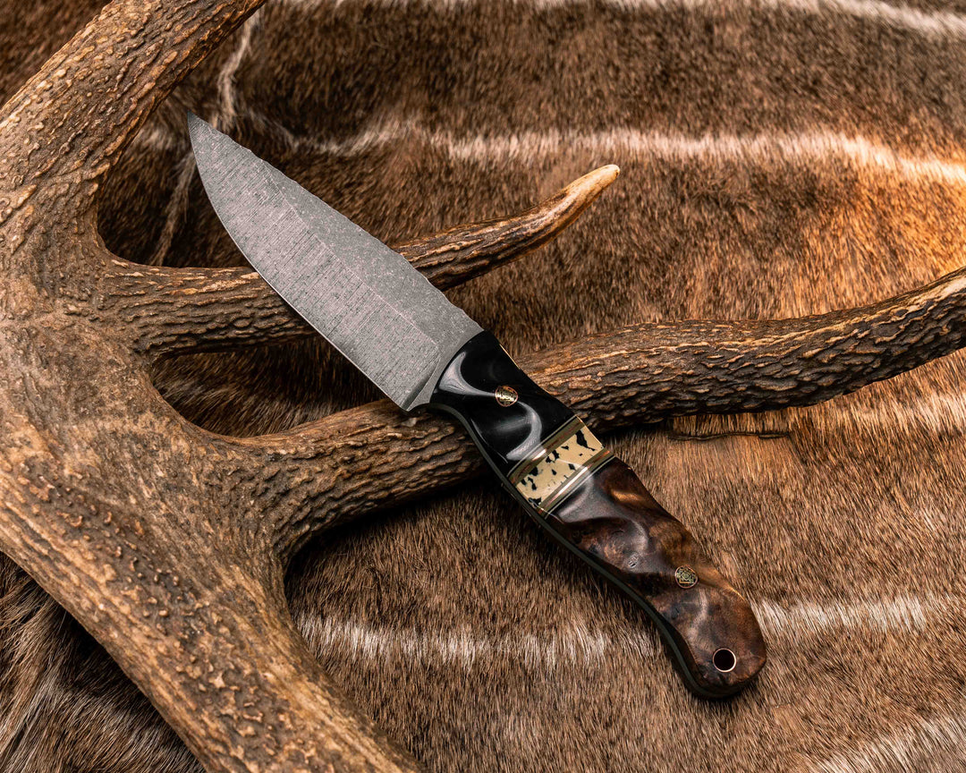 Crow Jr- Bison Horn, Black G10, White G10, OD Green G10 and Copper Pin Striping, Black Calceon Split, Mahogany, Mosaic Pins, Copper Lanyard Pin, Textured Grip