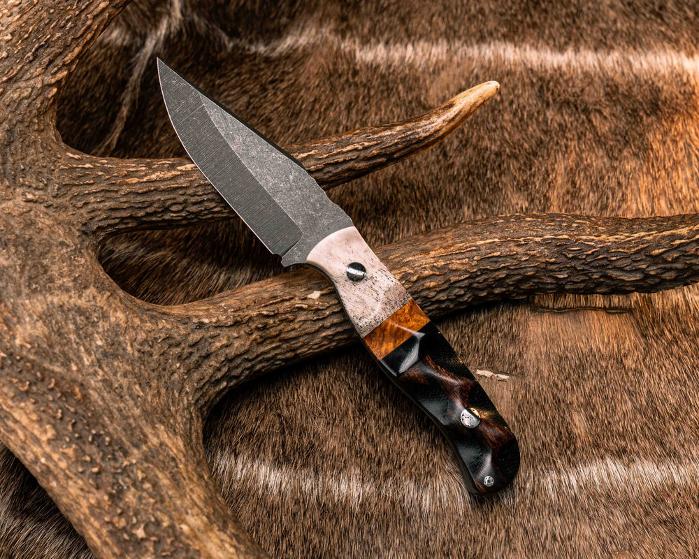 Crow Cub- Elk Antler, Afzelia and Bison Horn Split, Desert Ironwood Over Black Canvas Micarta, Mosaic Pins, Textured Grip