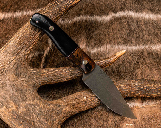 Crow Jr- Desert Ironwood, Black G10 and Copper Split, Bison Horn, Mosaic Pins, Textured Grip