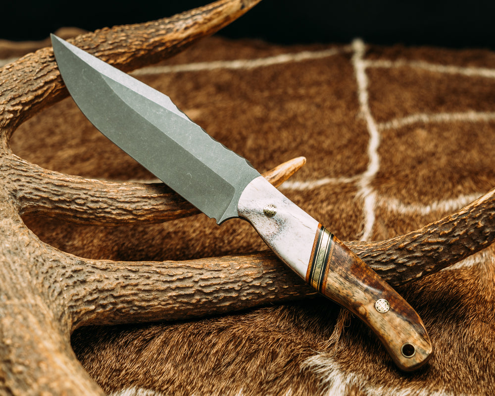 Crow Scout Drop Point- Natural Canvas Micarta, Black G10 and Brass Split, Hawaiian Curly Koa, Mosaic Pins, Brass Lanyard Pin, Contoured Grip