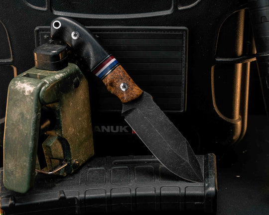 Disaster Cub- Dyed Box Elder, Black G10 and Aluminum Pin Striping, Americana Up Down G-carta Split, Ancient Bog Oak, Mosaic Pins, Aluminum Lanyard Pin, Textured Grip