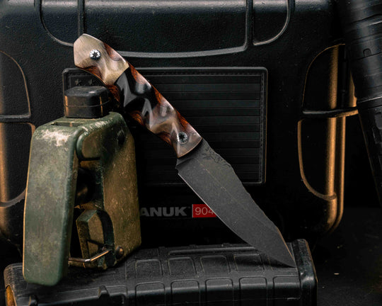 Field Knife Jr- Ram's Horn Over Desert Ironwood, Bison Horn Over Desert Ironwood Split, Mosaic Pins, Textured Grip