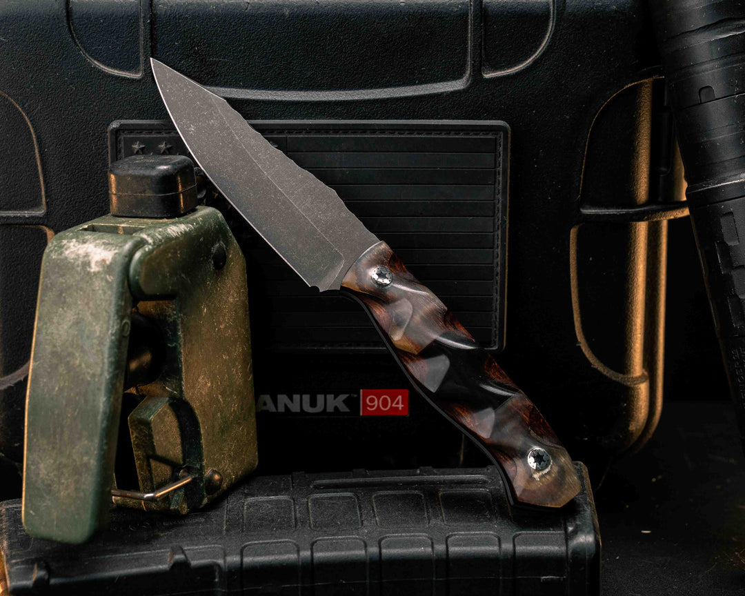 Field Knife Jr- Ram's Horn Over Desert Ironwood, Bison Horn Over Desert Ironwood Split, Mosaic Pins, Textured Grip