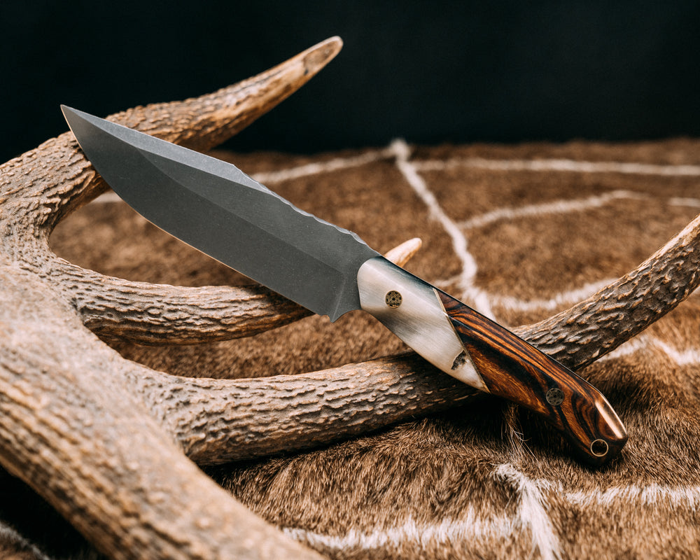Crow Scout Drop Point- Rams Horn, Brass Split, Desert Ironwood, Mosaic Pins, Brass Lanyard Pin, Contoured Grip