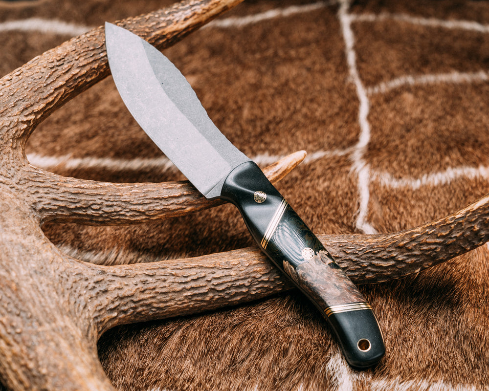 Hunter Skinner- Black Richlite, Brass and Black G10 Pin Striping, Burlwood and Green and Brown Resin Split, Mosaic Pins, Brass Lanyard Pin, Contoured Grip