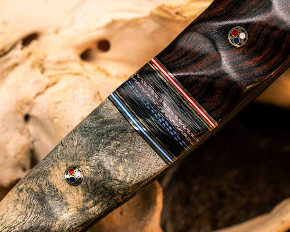 Viking Hawk - Desert Ironwood, Black G10, Brass, Cherry G10 and Blue G10 Pin Striping, Carbon and Red, White and Blue Carbon Split, Buckeye Burl, Patriot Mosaic Pins, Textured Grip