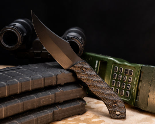 Red Cloud- Black Burlap Micarta, Armor Black Cerakote, Allen Bolts, Iron Grip