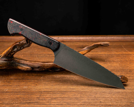 Santoku- Red Dark Matter Carbon, Black and Cherry G10 Liner, CF Pins, Smooth Grip