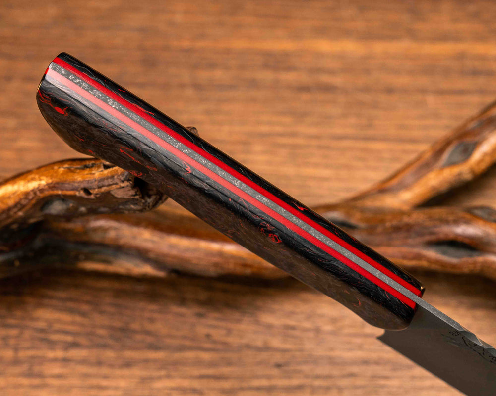 Santoku- Red Dark Matter Carbon, Black and Cherry G10 Liner, CF Pins, Smooth Grip