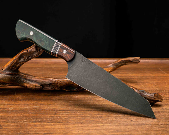 Santoku- Desert Ironwood, Black G10 and Copper Pin Striping, Black with Copper Web Tru-stone Split, Dyed Maple, Mosaic Pins, Smooth Grip