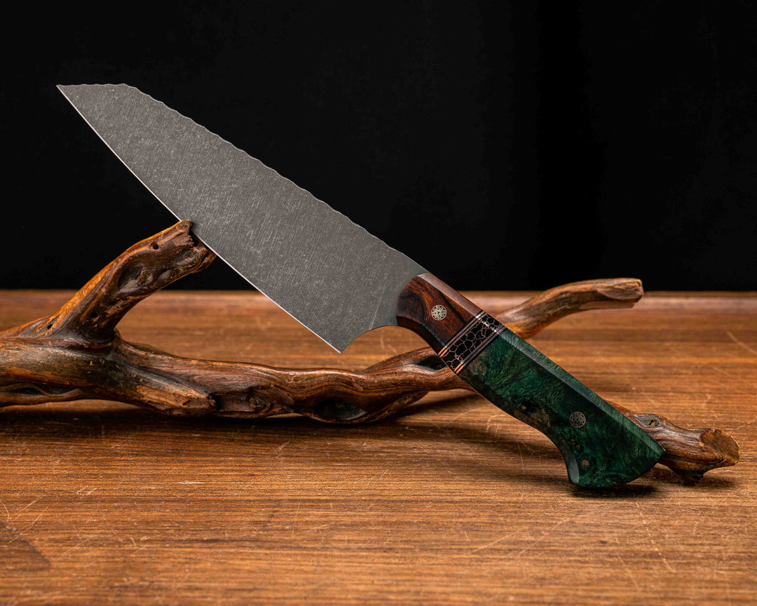 Santoku- Desert Ironwood, Black G10 and Copper Pin Striping, Black with Copper Web Tru-stone Split, Dyed Maple, Mosaic Pins, Smooth Grip