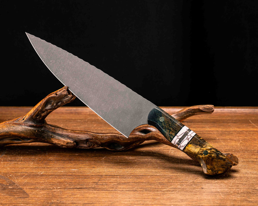 Chef Blade- Dyed Maple, Black G10, Copper and Brass Pin Striping, White with Copper Matrix Tru-stone Split, Spalted Maple, Mosaic Pins, Smooth Grip