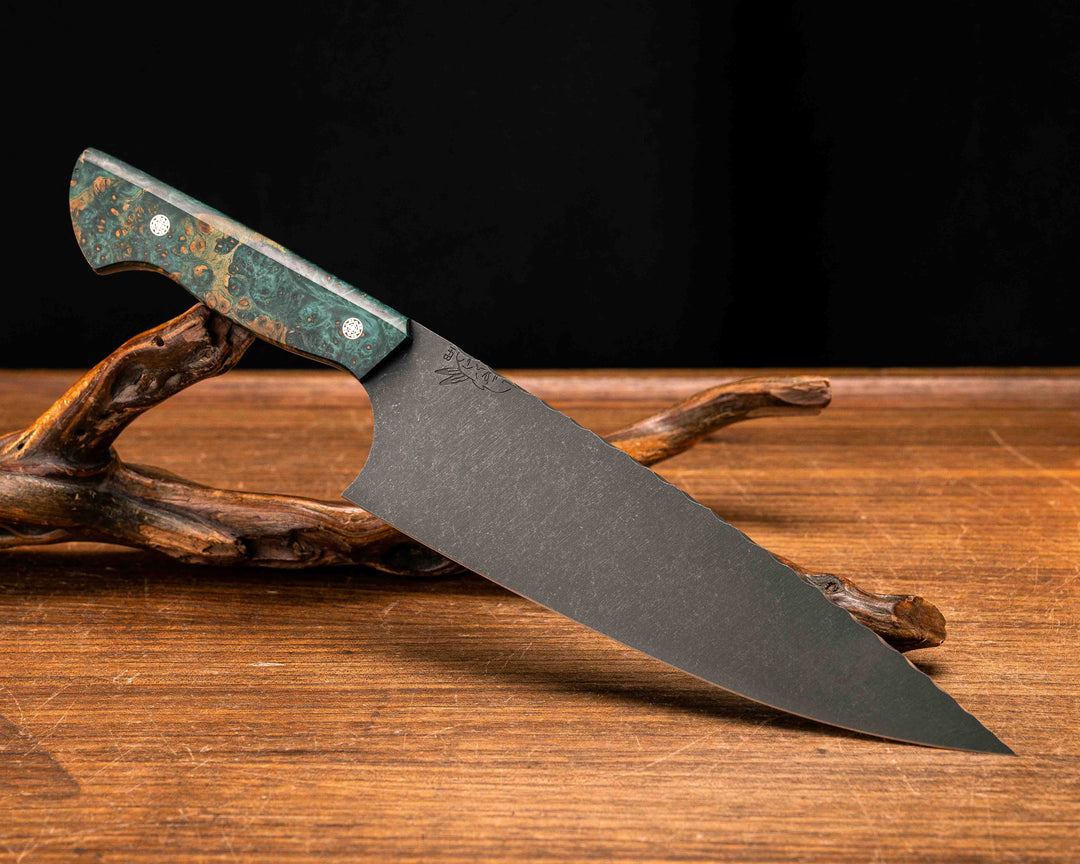 Chef Blade- Dyed Amboyna, Mosaic Pins, Smooth Grip