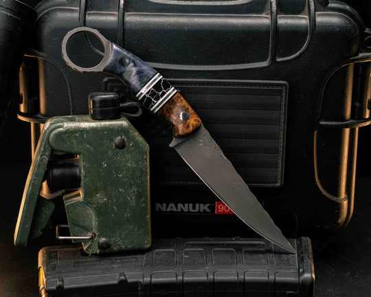 Osoraku 4"- Amboyna Burl, Black G10, White G10 and Aluminum Pin Striping, Black with White Web Tru-stone Split, Dyed Buckeye, Textured Grip