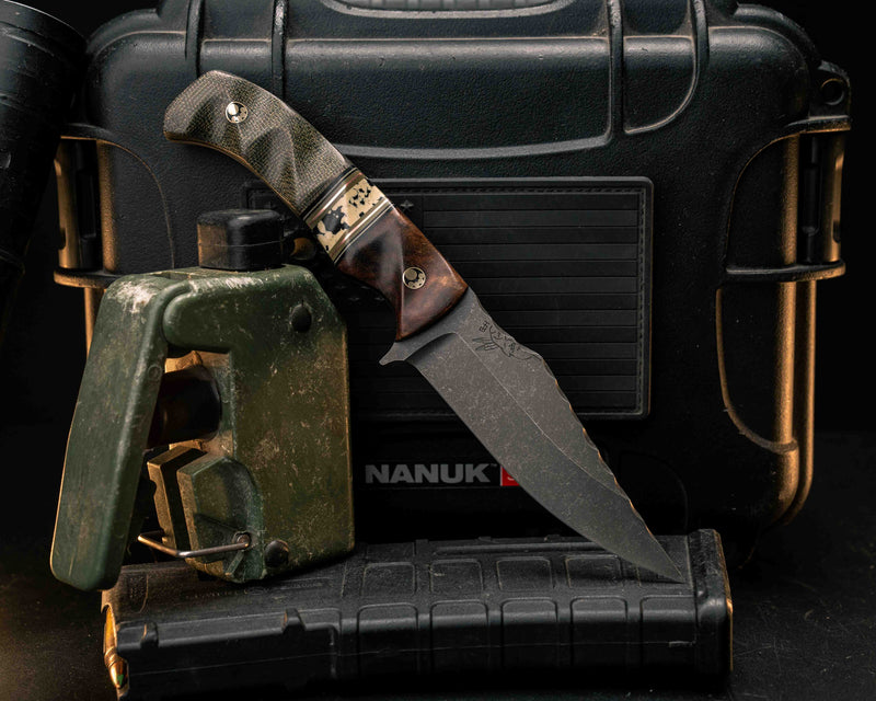 Tosahwi- Mahogany, Black G10, White G10, OD Green G10 and Copper Pin Striping, Blue Raffir Split, OD Green Canvas Micarta, Mosaic Pins, Textured Grip