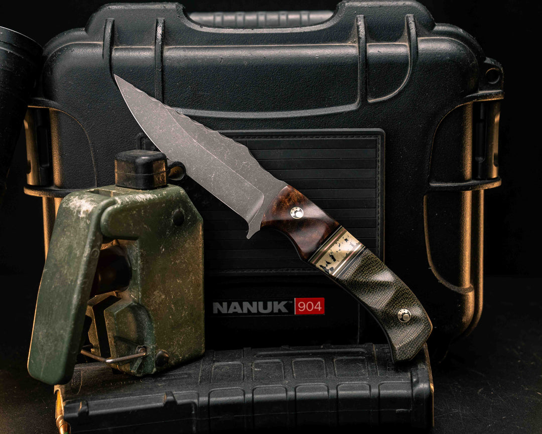 Tosahwi- Mahogany, Black G10, White G10, OD Green G10 and Copper Pin Striping, Blue Raffir Split, OD Green Canvas Micarta, Mosaic Pins, Textured Grip