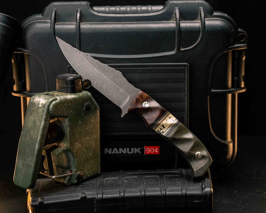 Tosahwi- Mahogany, Black G10, White G10, OD Green G10 and Copper Pin Striping, Blue Raffir Split, OD Green Canvas Micarta, Mosaic Pins, Textured Grip