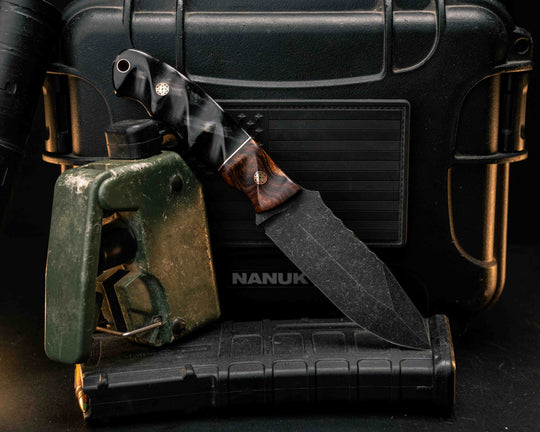 Disaster Jr- Desert Ironwood, Black G10 and Copper Split, Rams Horn, Mosaic Pins, Copper Lanyard Pin, Textured Grip