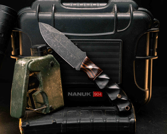 Disaster Jr- Desert Ironwood, Black G10 and Copper Split, Rams Horn, Mosaic Pins, Copper Lanyard Pin, Textured Grip