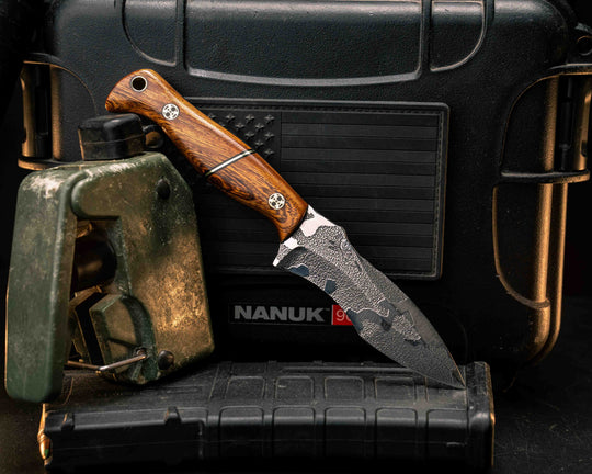 Extremis MK1- Desert Ironwood, Black G10 and Brass Split, Mosaic Pins, Brass Lanyard Pin, Smooth Grip