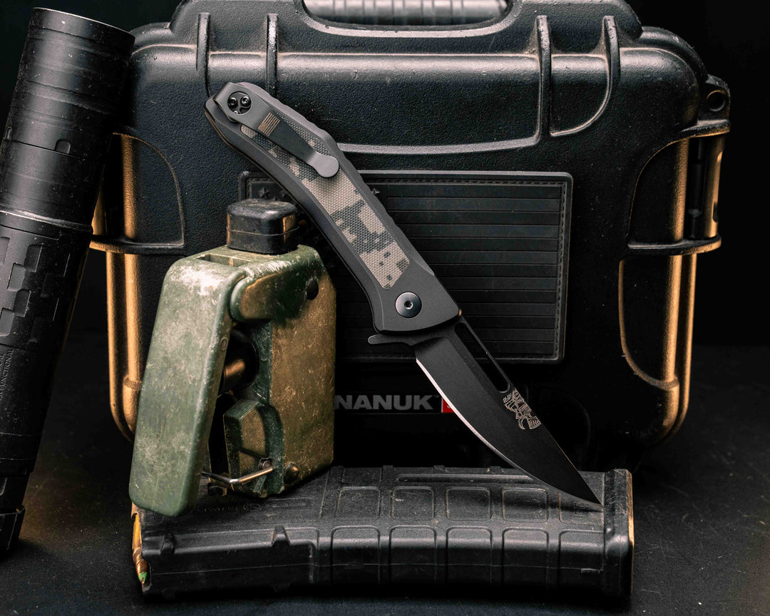 Custom Kwaiken Folder - (Universal Camouflage Pattern) UCP G10, Anodized Black Handle, Black Nitride Blade, Textured Grip, Deep Carry Pocket Clip