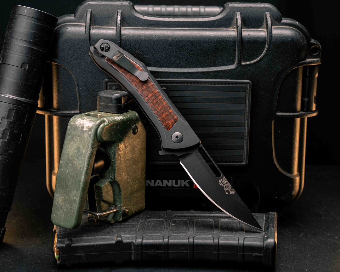 Custom Kwaiken Folder - Snakewood, Anodized Black Handle, Black Nitride Blade, Textured Grip, Deep Carry Pocket Clip