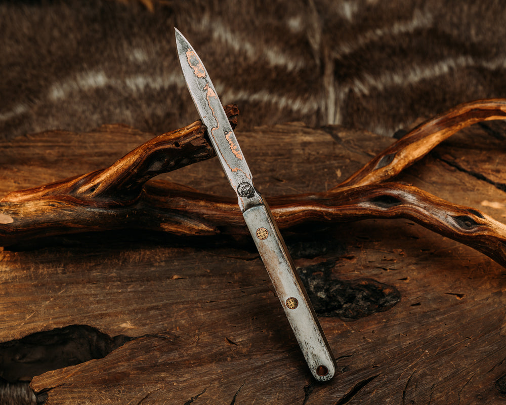 OSS Spike- Baker Forge Wavy Pattern CopperMai- Elk Antler, Mosaic Pins, Copper Lanyard Pin, Smooth Grip