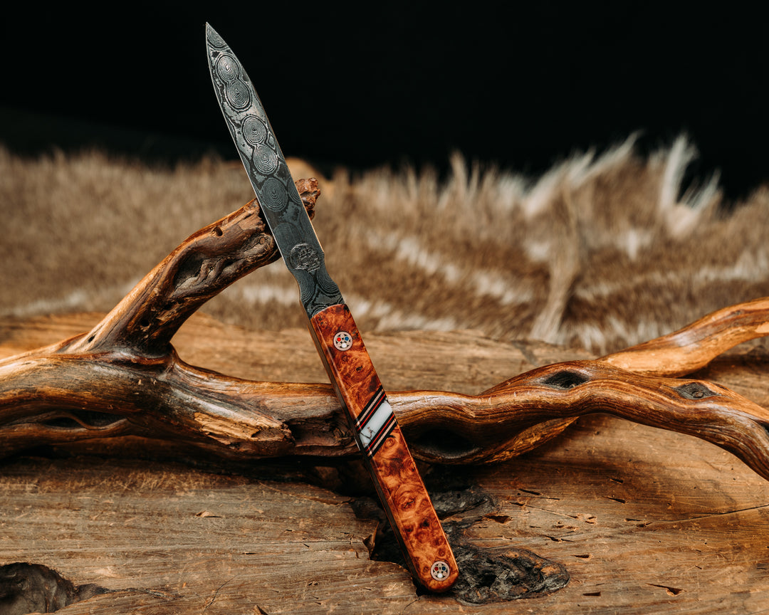 OSS Spike- Baker Forge Raindrop Pattern Damascus- Amboyna Burl, Black G10, Copper and Ruby G10 Pin Striping, Wild Horse Jasper Recon Stone Split, Copper Patriot Mosaic Pins, Smooth Grip