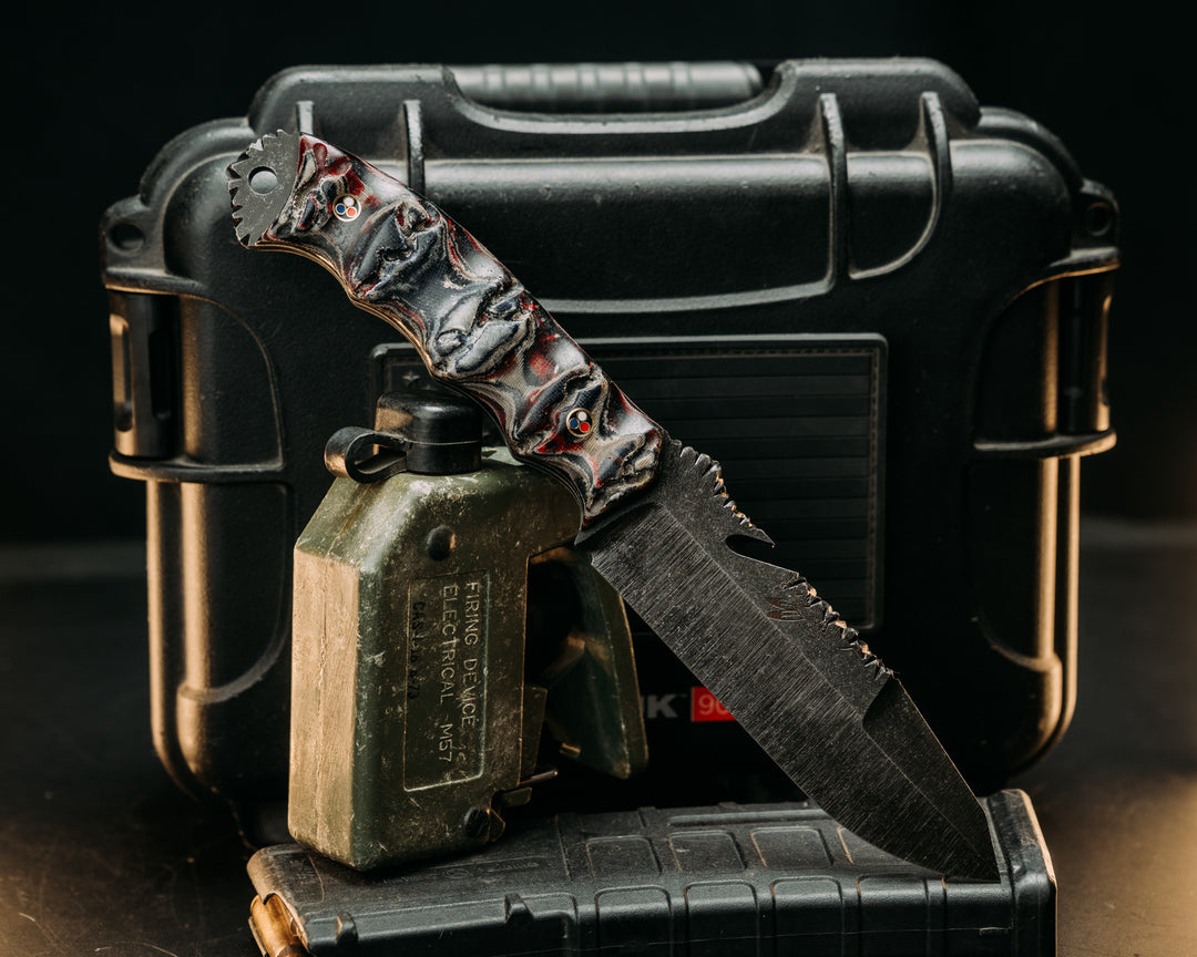 Notched Wire Cutter Breacher Gen 3- Vintage American Flag Micarta and Navy S.E.A.L. AOR1 Cammie Micarta, Patriot Mosaic Pins, Textured Grip