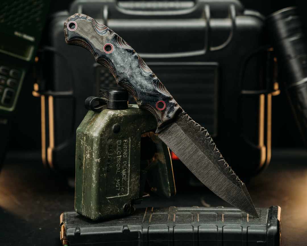 Field Breacher- Vintage American Flag Micarta and Navy S.E.A.L. AOR1 and AOR2 Cammie Micarta, Aluminum and Red Resin Hollow Pins, Textured Grip