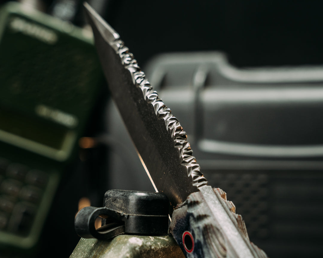 Field Breacher- Vintage American Flag Micarta and Navy S.E.A.L. AOR1 and AOR2 Cammie Micarta, Aluminum and Red Resin Hollow Pins, Textured Grip