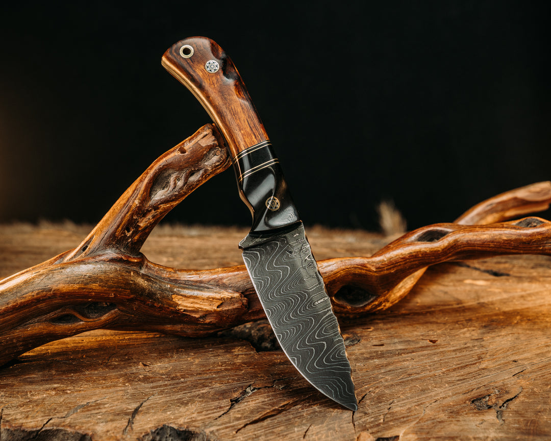 Cav Jr.- Old Stock Ladder Pattern Damascus- Bison Horn, Black G10 and Brass Pin Striping, Bison Horn Split, Desert Ironwood, Mosaic Pins, Brass Lanyard Pin, Textured Grip