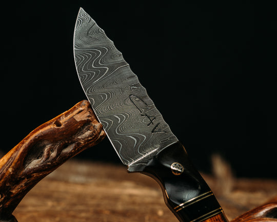 Cav Jr.- Old Stock Ladder Pattern Damascus- Bison Horn, Black G10 and Brass Pin Striping, Bison Horn Split, Desert Ironwood, Mosaic Pins, Brass Lanyard Pin, Textured Grip