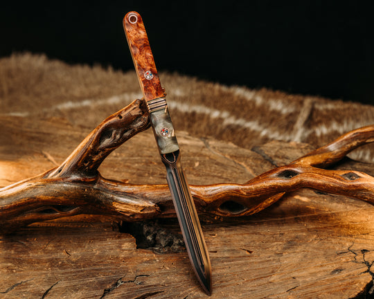 OSS Spike- Baker Forge Random Pattern CopperMai- Ram's Horn, Black G10, Desert Tan G10 and Copper Split, Amboyna Burl, Copper Patriot Mosaic Pins, Copper Lanyard Pin, Textured Grip