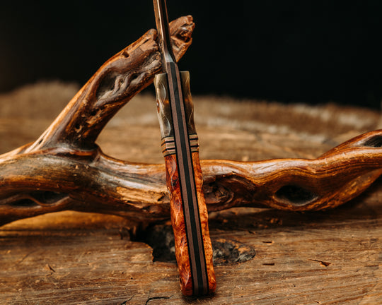 OSS Spike- Baker Forge Random Pattern CopperMai- Ram's Horn, Black G10, Desert Tan G10 and Copper Split, Amboyna Burl, Copper Patriot Mosaic Pins, Copper Lanyard Pin, Textured Grip