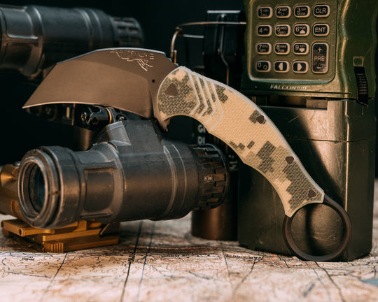 Karambito Folder- Camo G10, Armor Black Cerakote Blade, Stippled Grip