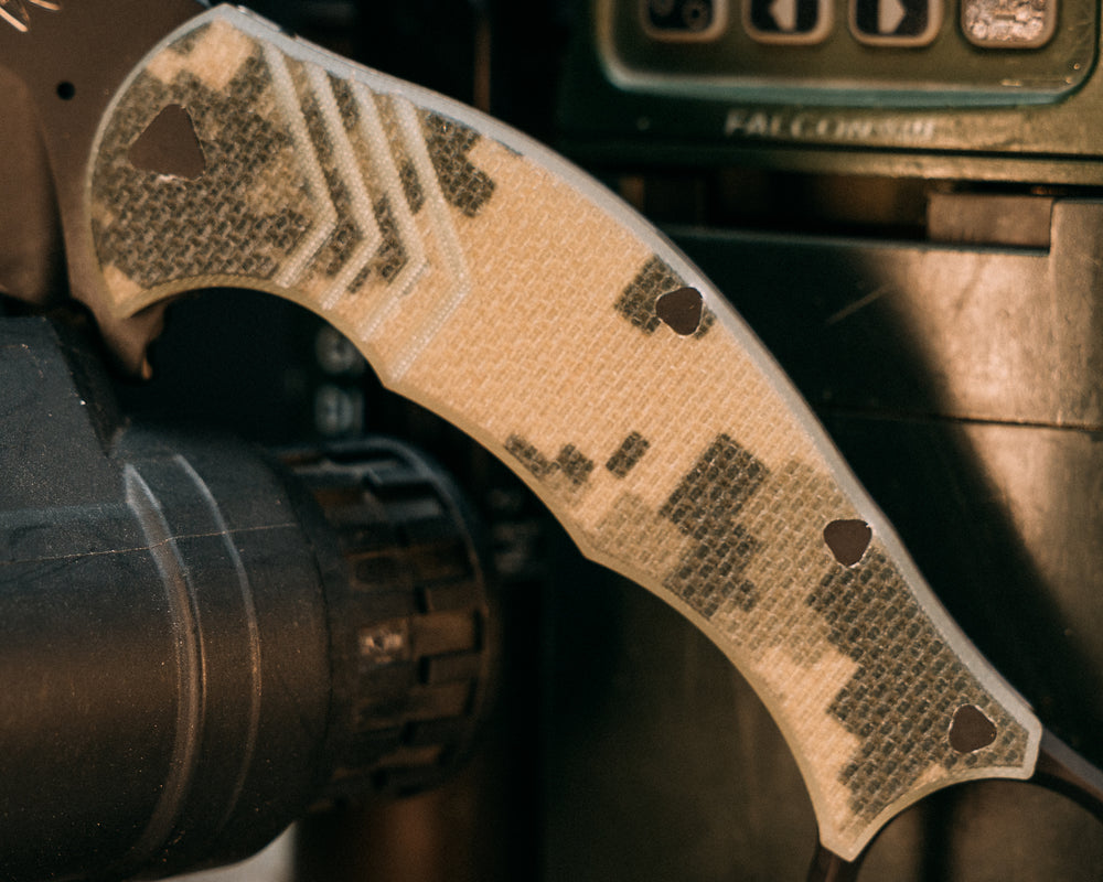 Karambito Folder- Camo G10, Armor Black Cerakote Blade, Stippled Grip