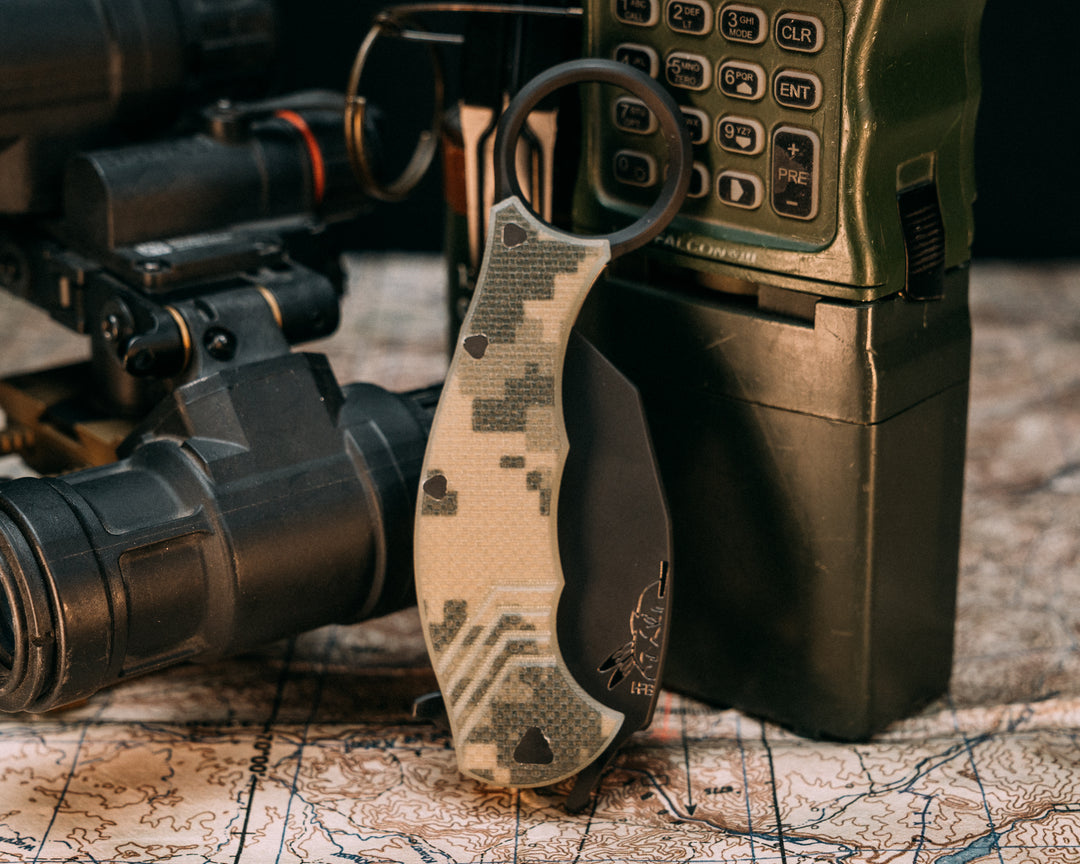 Karambito Folder- Camo G10, Armor Black Cerakote Blade, Stippled Grip