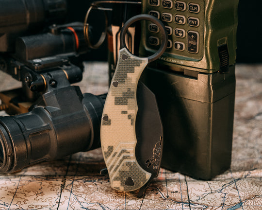 Karambito Folder- Camo G10, Armor Black Cerakote Blade, Stippled Grip
