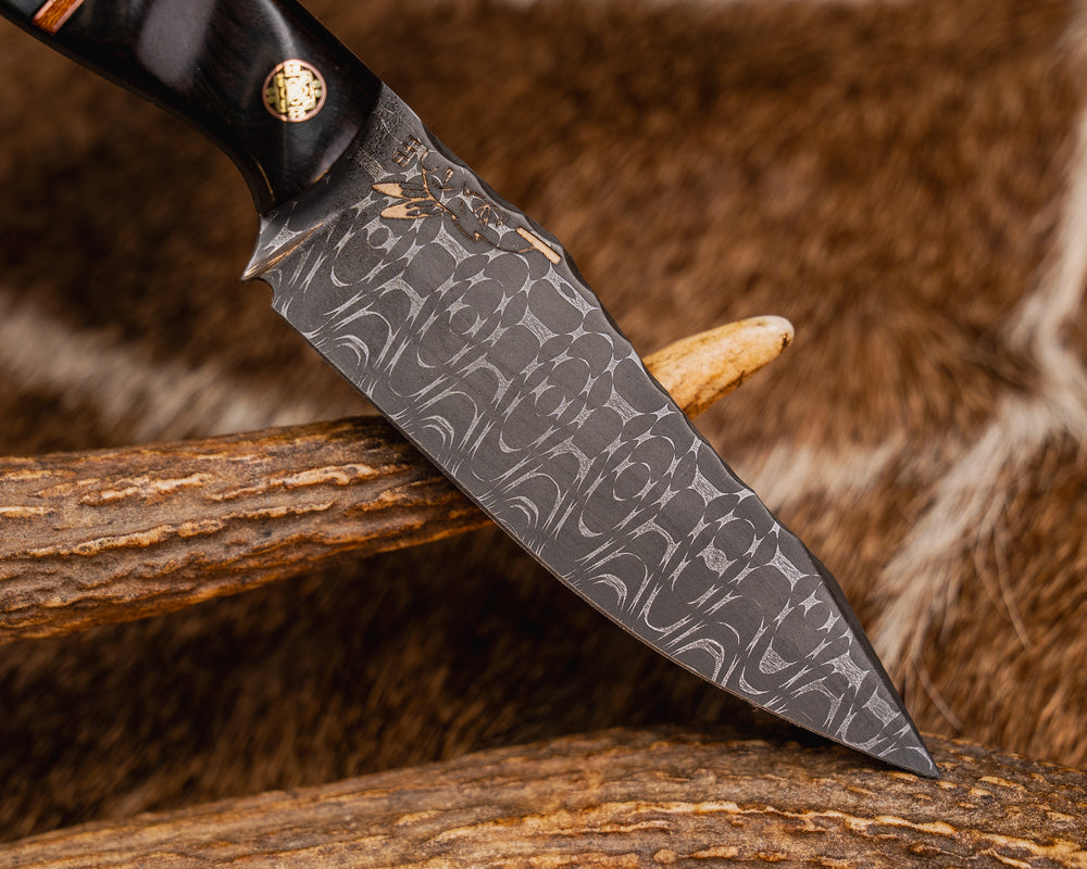 Field Knife Jr- Vegas Forge Razorwire Damascus- African Blackwood, Black G10, Copper and Natural Canvas Micarta Pin, Striping, Rams Horn Split, Lion's Blood Amboyna, Mosaic Pins, 1/8" Copper Pin, Grooved Grip