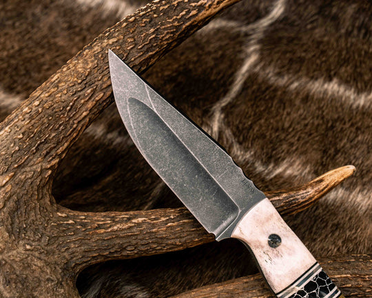 Crow Jr (Compound Grind)- Elk Antler, Black G10, White G10 and Aluminum Pin Striping, Black with White Web Tru-stone Split, Olive Green Canvas Micarta, Mosaic Pins, Aluminum Lanyard Pin, Textured Grip