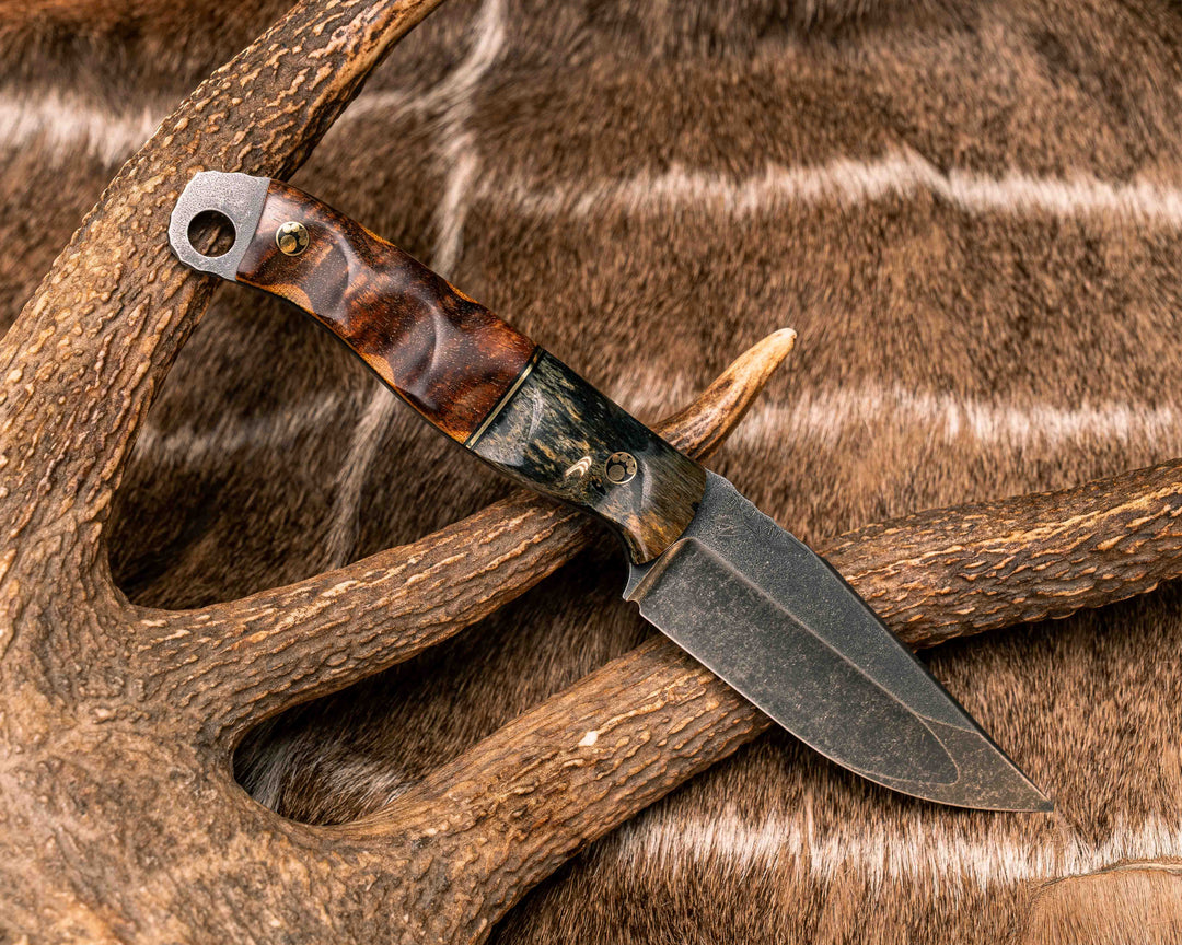 Crow Jr (Compound Grind)- Dyed Giraffe Bone, Black G10 and Brass Split, Hawaiian Curly Koa Over Natural Canvas Micarta, Mosaic Pins, Textured Grip
