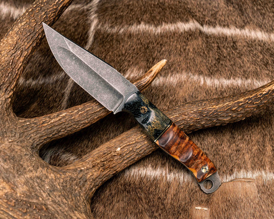 Crow Jr (Compound Grind)- Dyed Giraffe Bone, Black G10 and Brass Split, Hawaiian Curly Koa Over Natural Canvas Micarta, Mosaic Pins, Textured Grip