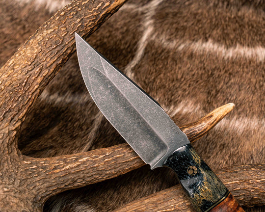 Crow Jr (Compound Grind)- Dyed Giraffe Bone, Black G10 and Brass Split, Hawaiian Curly Koa Over Natural Canvas Micarta, Mosaic Pins, Textured Grip