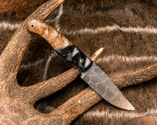 Crow Jr- Ancient Bog Oak, Black G10 and Brass Pin Striping, Ancient Bog Oak Split, Dyed Box Elder, Mosaic Pins, Brass Lanyard Pin, Textured Grip