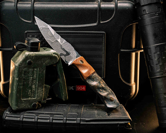 Field Knife Jr- Vintage Butterscotch Canvas Micarta, Black G10 and Copper Split, Dyed Redwood Burl, Mosaic Pins, Textured Grip