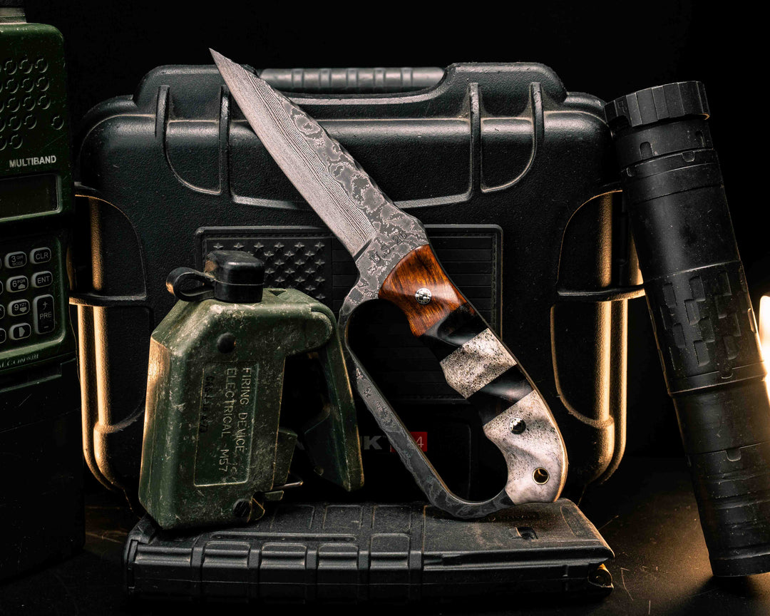 Trench Knife- Baker Forge Random Pattern Damascus- Desert Ironwood, Desert Ironwood and Bison Horn Pin Striping, Elk Antler Split, Elk Antler, Mosaic Pins, Brass Lanyard Pin, Textured Grip